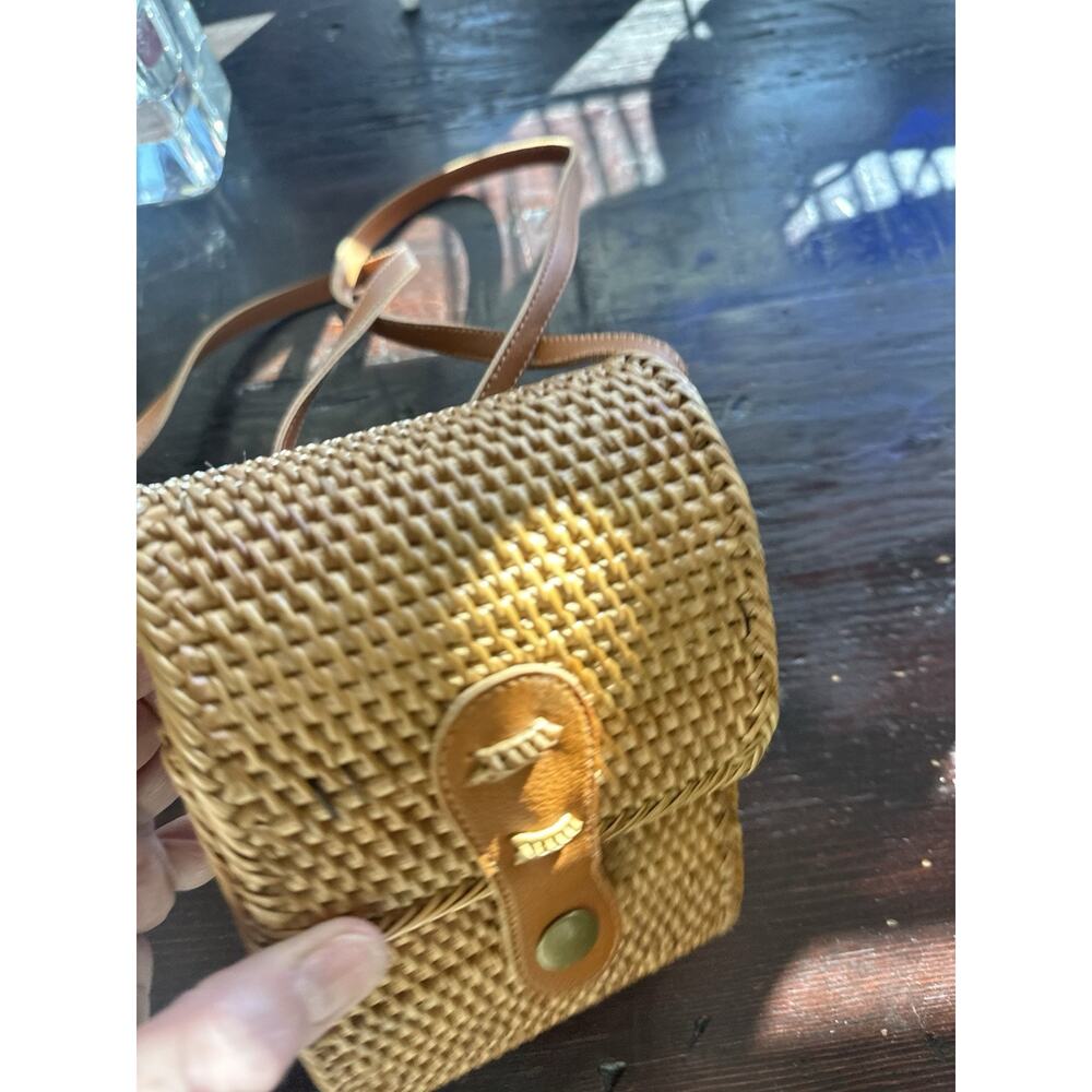 Rattan Crossbody Handbag S Brown Snap Flap Rectangle Lined Faux Leather Strap - Picture 7 of 16